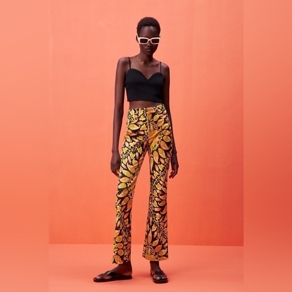 Zara Jacquard Floral Tropical Print Flare Mid Rise Stretch Trouser Pants - Picture 2 of 13